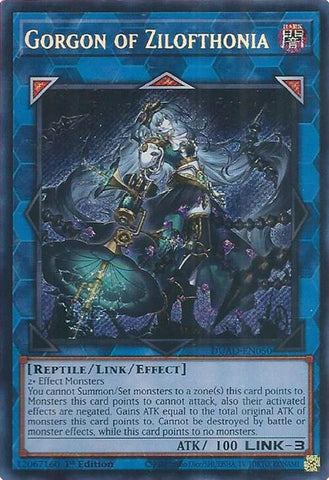 A Secret Rare "Gorgon of Zilofthonia" card from the Yugioh Set: Duelist's Advance (DUAD).