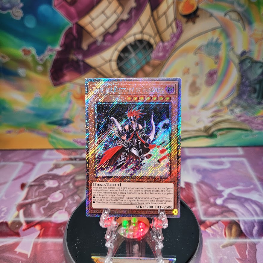 A Platinum Secret Rare "Gorz the Emissary of Darkness" card from the Yugioh Set: Quarter Century Bonanza (RA03)