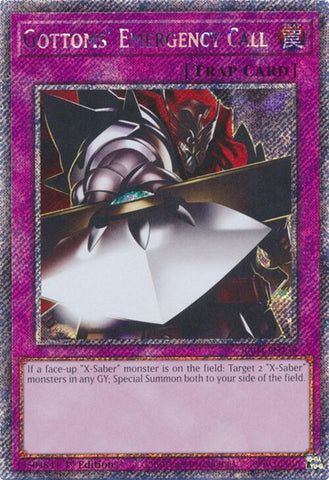 A Platinum Secret Rare "Gottoms' Emergency Call" card from the Yugioh Set: Quarter Century Stampede (RA04).