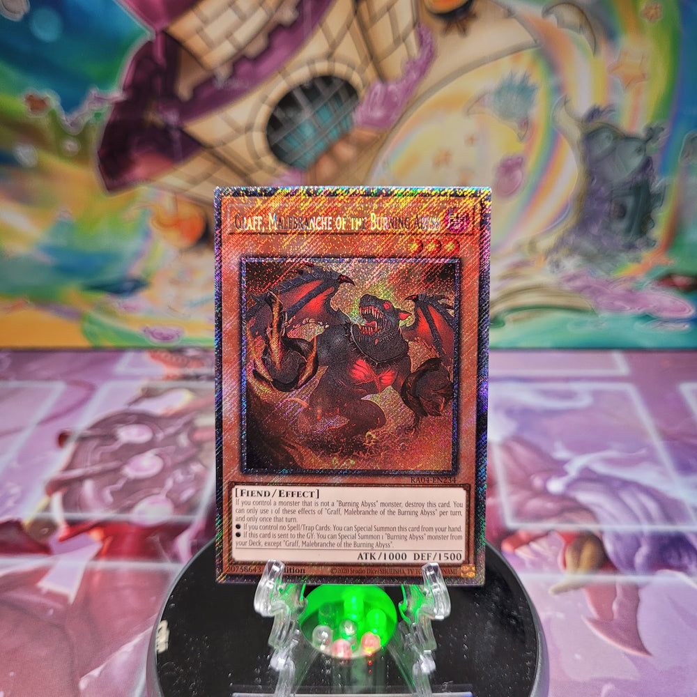 A Platinum Secret Rare "Graff, Malebranche of the Burning Abyss" card from the Yugioh Set: Quarter Century Stampede (RA04).