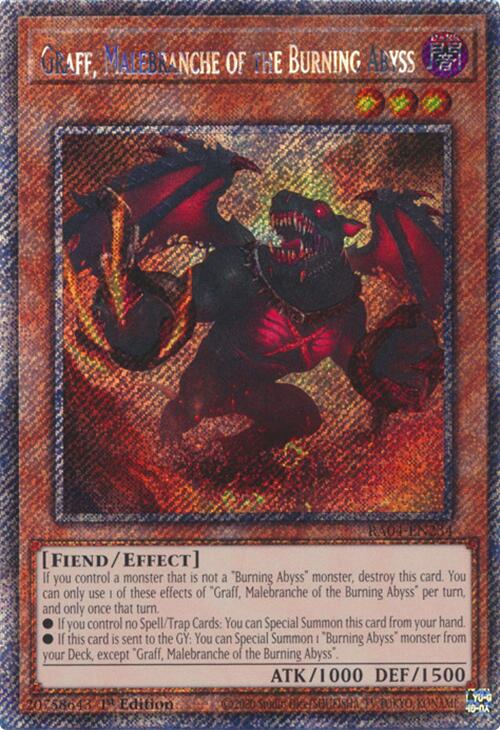 A Platinum Secret Rare "Graff, Malebranche of the Burning Abyss" card from the Yugioh Set: Quarter Century Stampede (RA04).