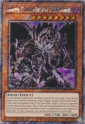A Platinum Secret Rare "Grapha, Dragon Lord of Dark World" card from the Yugioh Set: Quarter Century Stampede (RA04).