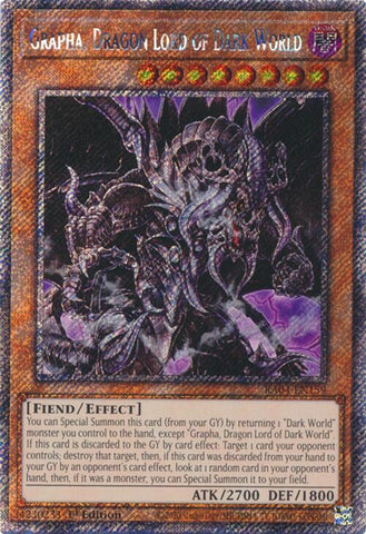 A Platinum Secret Rare "Grapha, Dragon Lord of Dark World" card from the Yugioh Set: Quarter Century Stampede (RA04).
