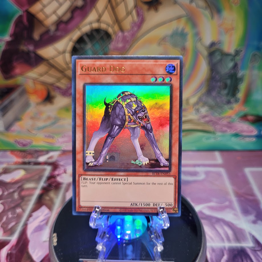 An Ultra Rare "Guard Dog" card from the Yugioh Set: Battles of Legend: Terminal Revenge.