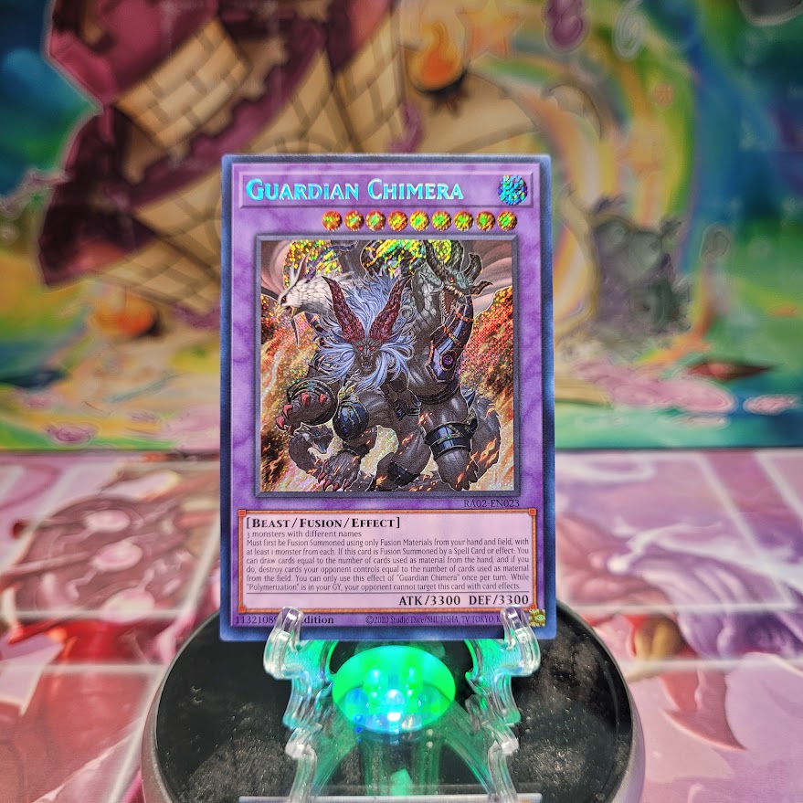 A Secret Rare "Guardian Chimera" card from the Yugioh Set: Rarity Collection 2 (RA02).