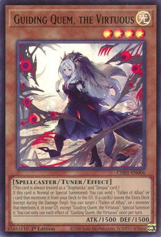 An Ultra Rare "Guiding Quem, the Virtuous" card from the Yugioh Structure Deck: The Fallen & The Virtuous (CH01).