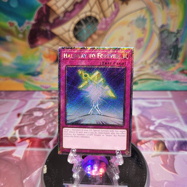 A Platinum Secret Rare "Halfway to Forever" card from the Yugioh Set: Quarter Century Stampede (RA04).