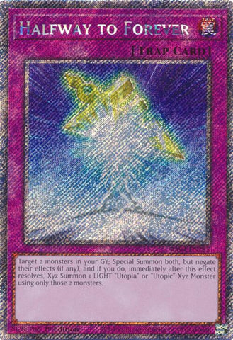 A Platinum Secret Rare "Halfway to Forever" card from the Yugioh Set: Quarter Century Stampede (RA04).