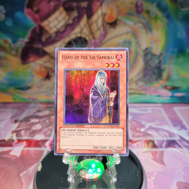 A Super Rare "Hand of the Six Samurai" card from the Yugioh Set: Storm of Ragnarok.