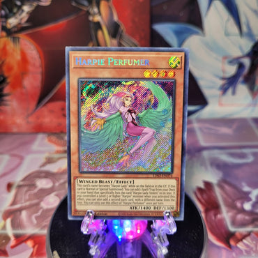 A Secret Rare "Harpie Perfumer" card from the Yugioh Set: Legendary Duelists: Season 2 (LDS2)