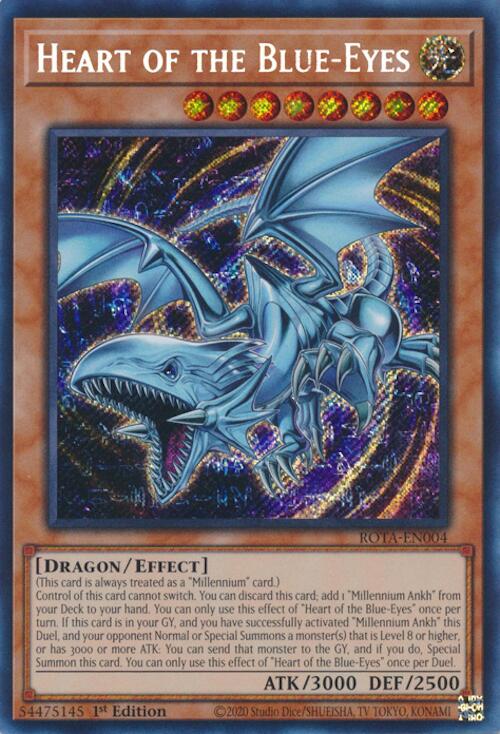 A Secret Rare "Heart of the Blue-Eyes" card from the Yugioh Set: Rage of the Abyss (ROTA).
