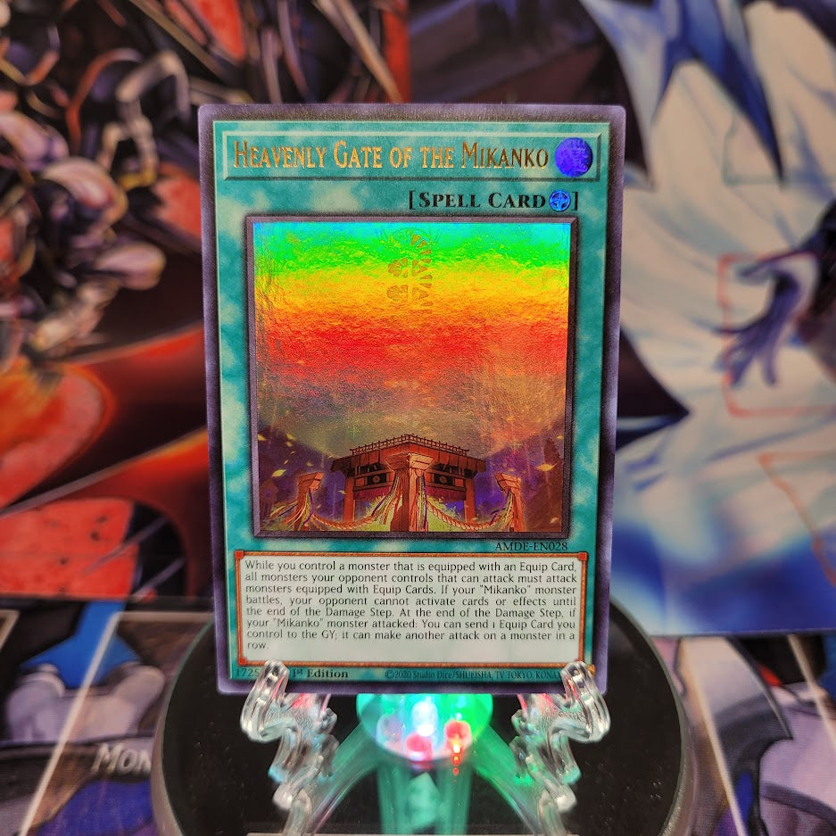 An Ultra Rare "Heavenly Gate of the Mikanko" card from the Yugioh Set: Amazing Defenders.