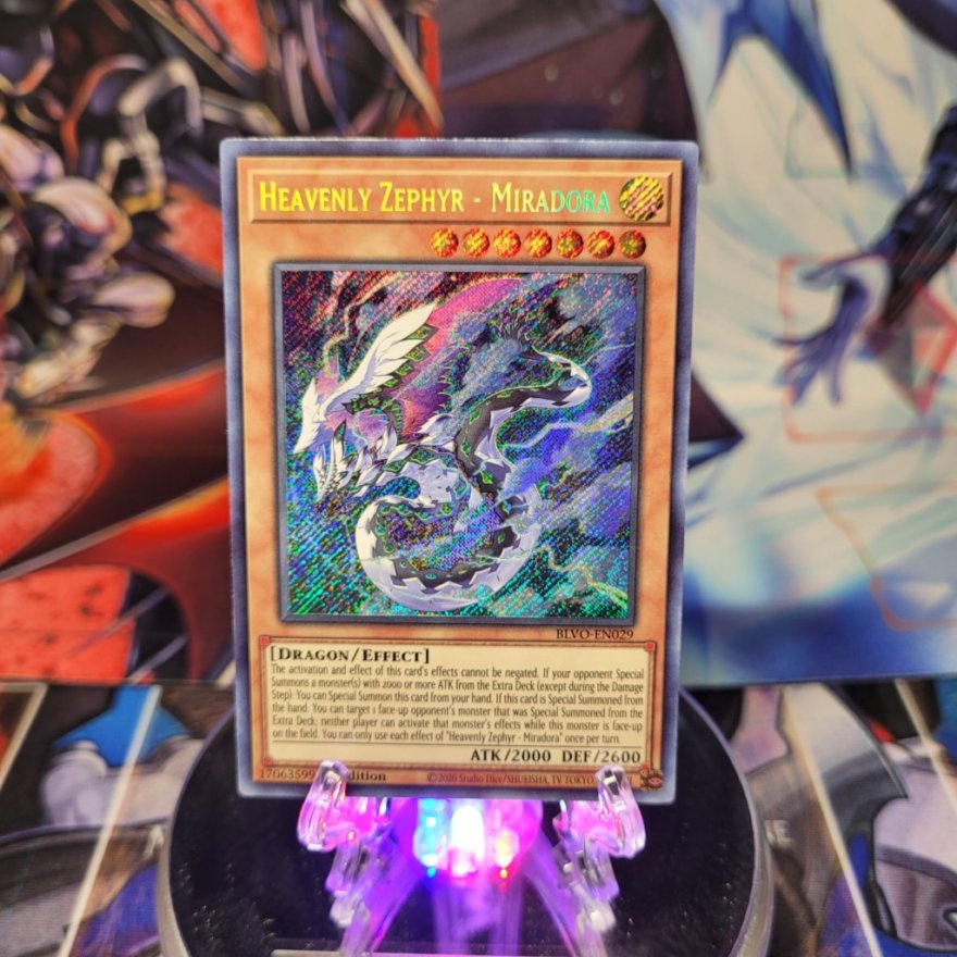 A Secret Rare "Heavenly Zephyr - Miradora" card from the Yugioh Set: Blazing Vortex.