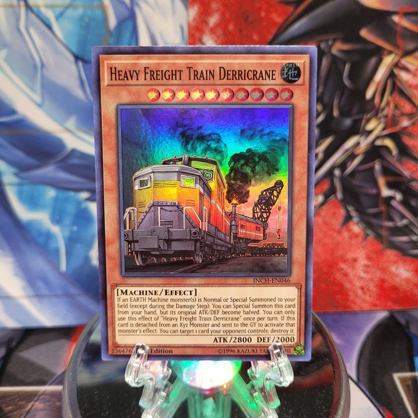  A Super Rare "Heavy Freight Train Derricrane" card from the Yugioh Set: The Infinity Chasers.