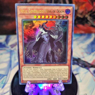 An Ultra Rare "Hela, Generaider Boss of Doom" card from the Yugioh Set: Ghosts From the Past: The 2nd Haunting (GFP2).