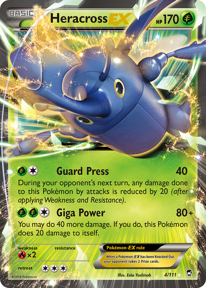 An Ultra Rare "Heracross Ex" (4/111) card from the Pokemon Set: X:Y: Furious Fists.