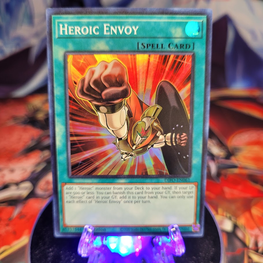  A Super Rare "Heroic Envoy" card from the Yugioh Set: Dimension Force.