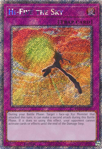 A Platinum Secret Rare "Hi-Five the Sky" card from the Yugioh Set: Quarter Century Stampede (RA04).