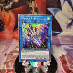 A Secret Rare "Hi-Speedroid Rubber Band Shooter" card from the Yugioh Set: Battles of Legend: Hero's Revenge.