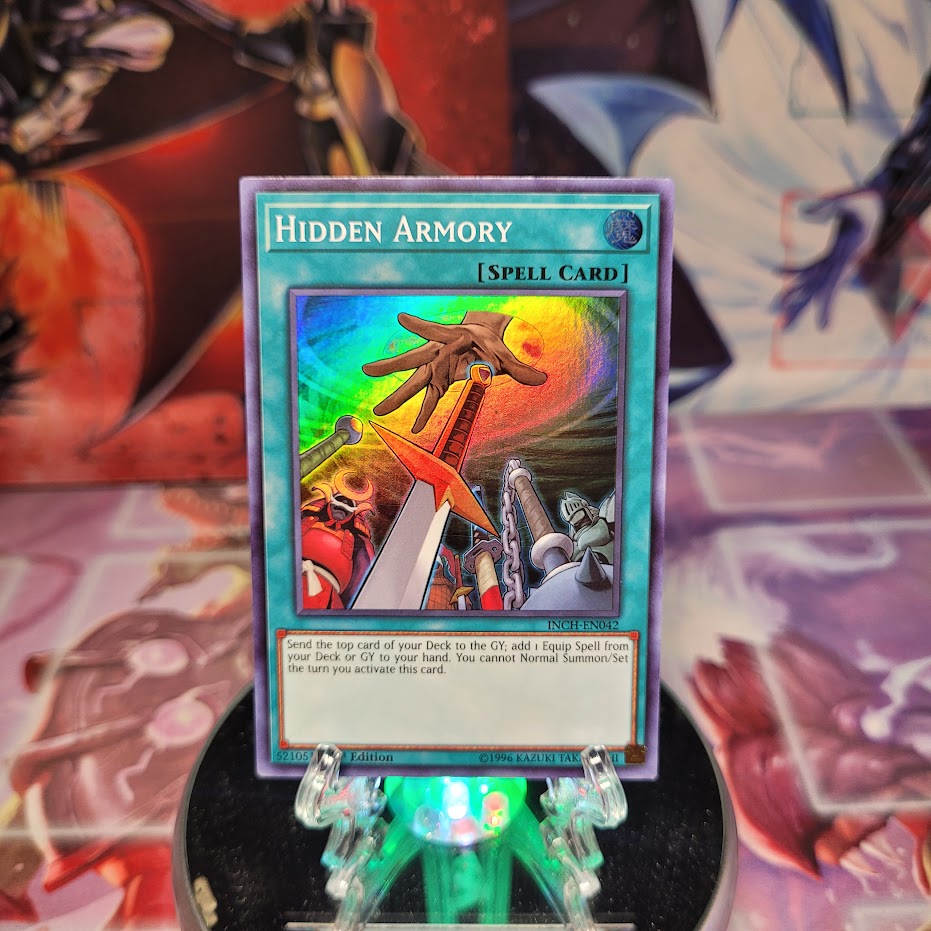 A Super Rare "Hidden Armory" card from the Yugioh Set: The Infinity Chasers.