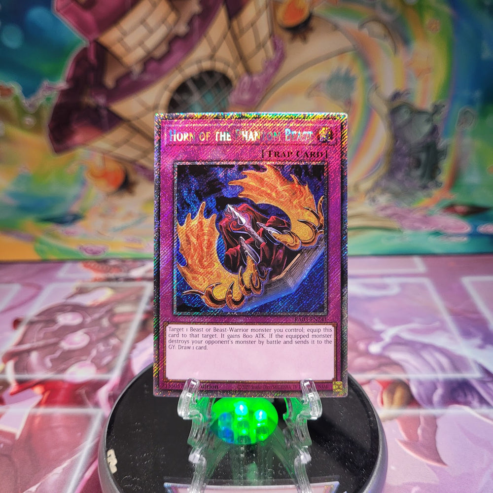 A Platinum Secret Rare "Horn of the Phantom Beast" card from the Yugioh Set: Quarter Century Bonanza (RA03).