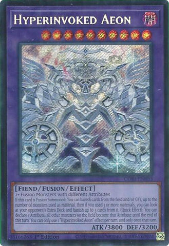 A Secret Rare "Hyperinvoked Aeon" card from the Yugioh Set: Chaos Origins (CORI).