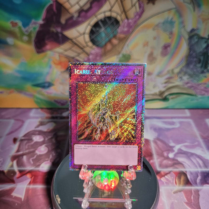 A Platinum Secret Rare "Icarus Attack" card from the Yugioh Set: Quarter Century Bonanza (RA03).