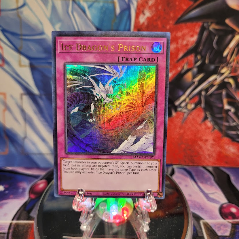 An Ultra Rare "Ice Dragon's Prison" card from the Yugioh Set: Magnificent Mavens.