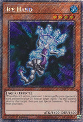 A Platinum Secret Rare "Ice Hand" card from the Yugioh Set: Quarter Century Stampede (RA04).