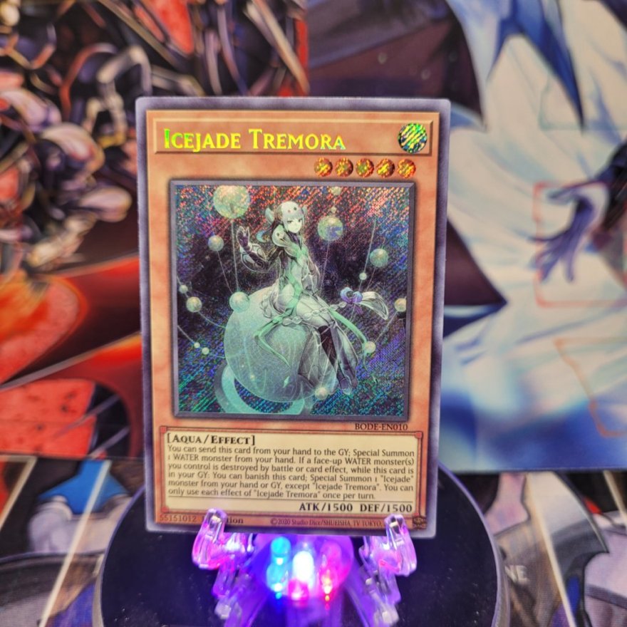 A Secret Rare "Icejade Tremora" card from the Yugioh Set: Burst of Destiny (BODE).