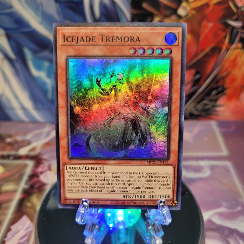 A Super Rare "Icejade Tremora" card from the Yugioh 2022 Tin of the Pharaoh's Gods Set (MP22).