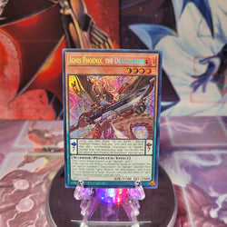 A Prismatic Secret Rare "Ignis Phoenix, the Dracoslayer" card from the Yugioh 25th Anniversary Tin: Dueling Heroes set.