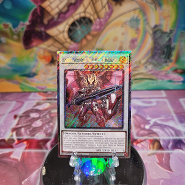 A Platinum Secret Rare "Ignister Prominence, the Blasting Dracoslayer" card from the Yugioh Set: Quarter Century Stampede (RA04).