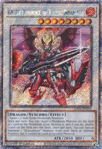 A Platinum Secret Rare "Ignister Prominence, the Blasting Dracoslayer" card from the Yugioh Set: Quarter Century Stampede (RA04).