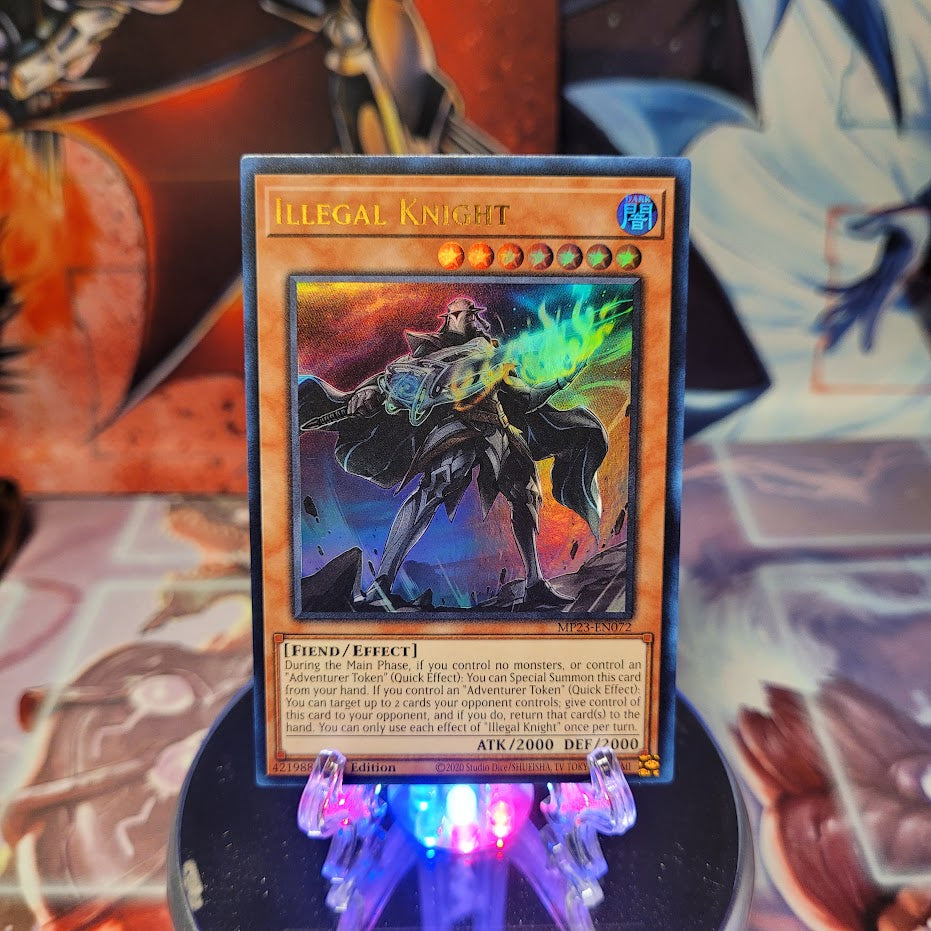 An Ultra Rare "Illegal Knight" card from the Yugioh 25th Anniversary Tin: Dueling Heroes set.