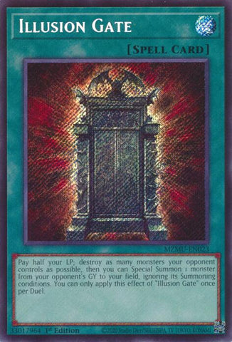 A Secret Rare "Illusion Gate" card from the Yugioh Set: Maze of Muertos (MZMU).