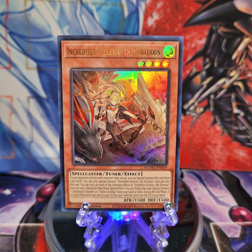 An Ultra Rare "Incredible Ecclesia, the Virtuous" card from the Yugioh Set: Magnificent Mavens.