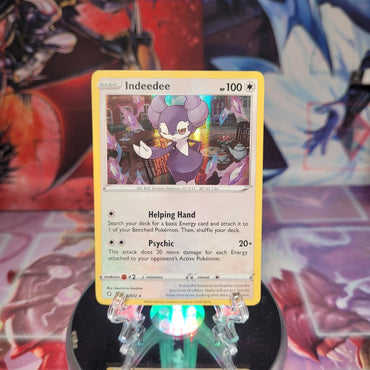 A Holo Rare "Indeedee" (056/072) card from the Pokemon Set: Sword & Shield: Shining Fates.