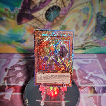 A Platinum Secret Rare "Infernity Archfiend" card from the Yugioh Set: Quarter Century Bonanza (RA03)