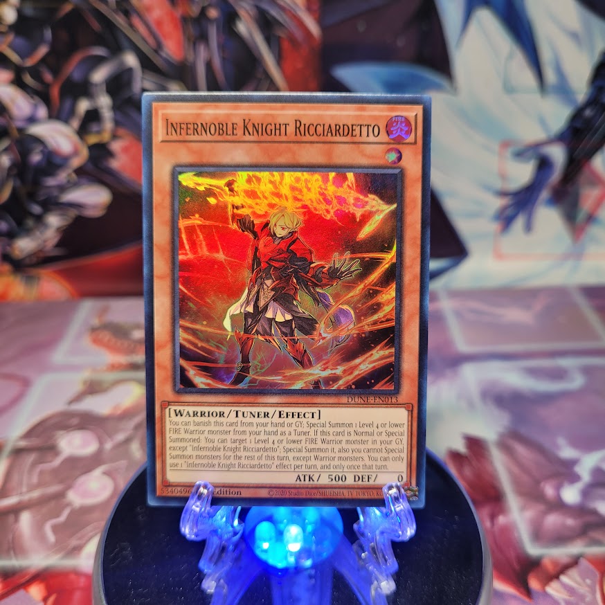 A Super Rare "Infernoble Knight Ricciardetto" card from the Yugioh Set: Duelist Nexus (DUNE).