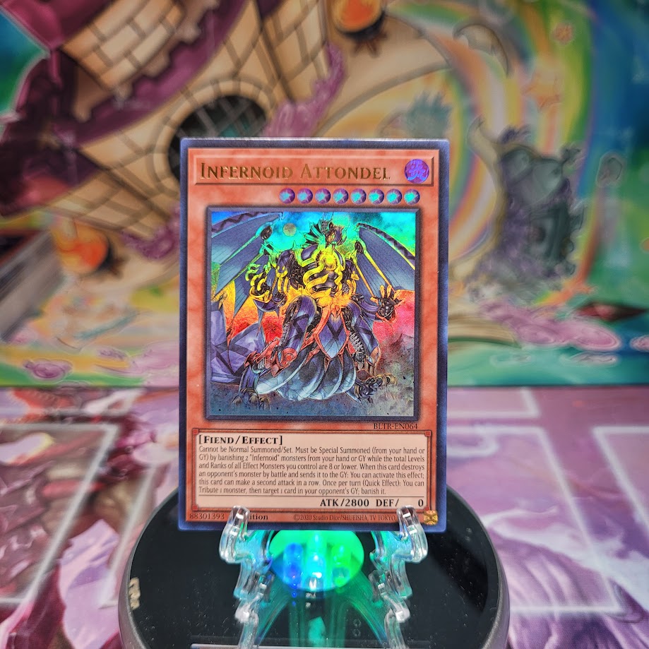 An Ultra Rare "Infernoid Attondel" card from the Yugioh Set: Battles of Legend: Terminal Revenge.