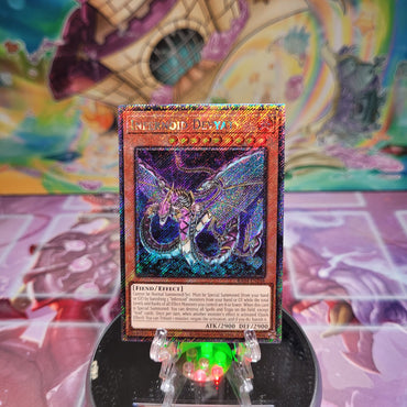 A Platinum Secret Rare "Infernoid Devyaty" card from the Yugioh Set: Quarter Century Stampede (RA04).