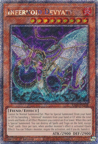 A Platinum Secret Rare "Infernoid Devyaty" card from the Yugioh Set: Quarter Century Stampede (RA04).