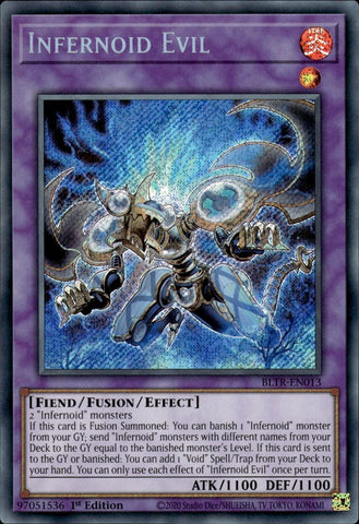 A Secret Rare "Infernoid Evil" card from the Yugioh Set: Battles of Legend: Terminal Revenge (BLTR).
