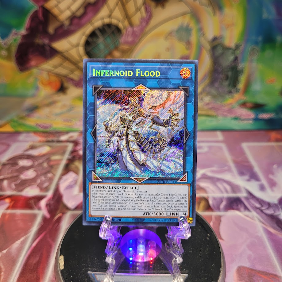 A Secret Rare "Infernoid Flood" card from the Yugioh Set: Battles of Legend: Terminal Revenge.