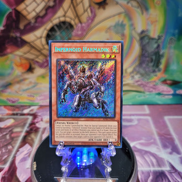 A Secret Rare "Infernoid Harmadik" card from the Yugioh Set: Battles of Legend: Terminal Revenge.