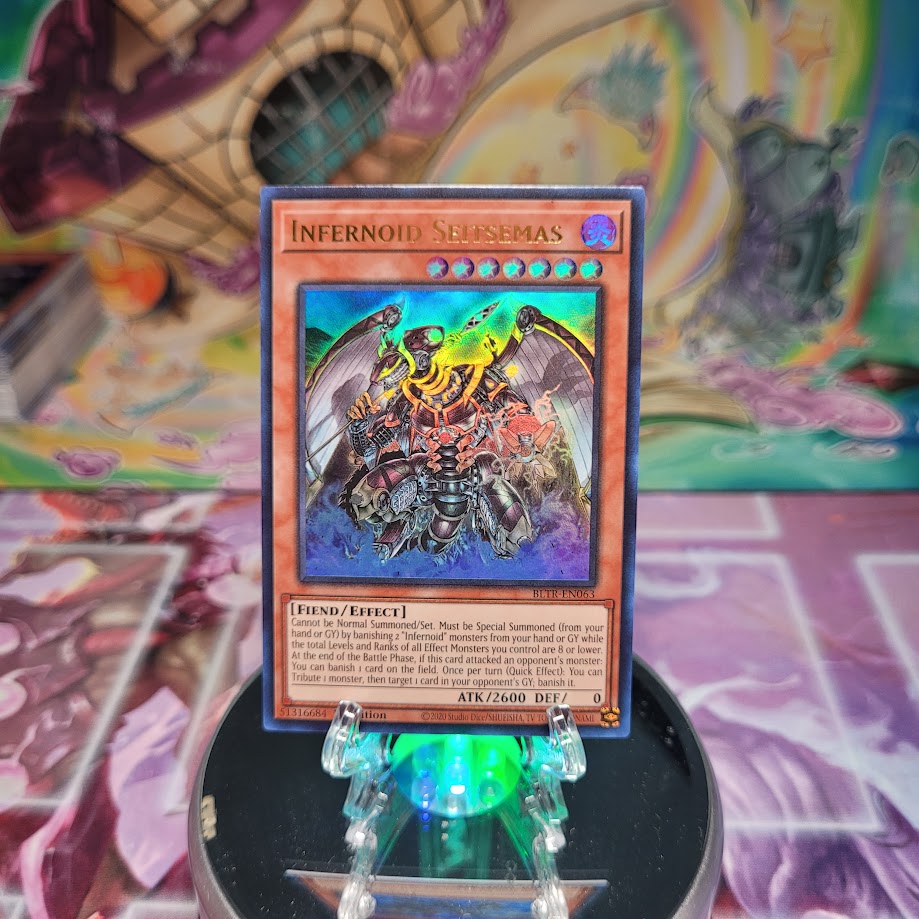 An Ultra Rare "Infernoid Seitsemas" card from the Yugioh Set: Battles of Legend: Terminal Revenge.