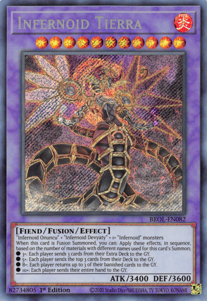 A Secret Rare "Infernoid Tierra" card from the Yugioh Set: Brothers of Legend (BROL).