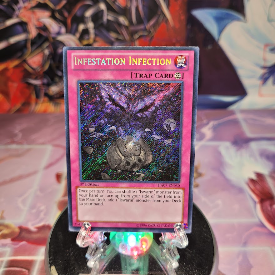 A Secret Rare "Infestation Infection" card from the Yugioh Set: Hidden Arsenal 7: Knight of Stars (HA07).