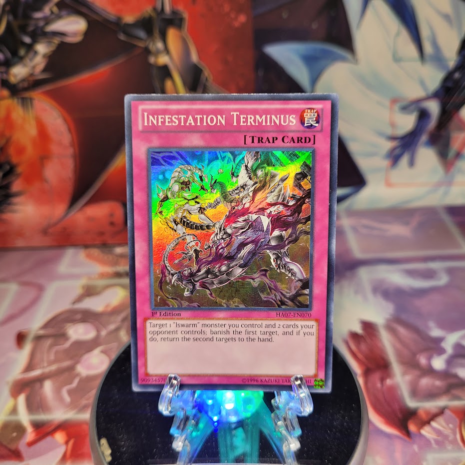A Super Rare "Infestation Terminus" card from the Yugioh Set: Hidden Arsenal 7: Knight of Stars (HA07).